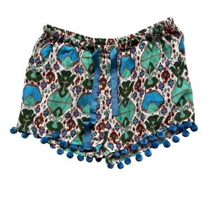 FIGUE Womens Shorts Size L Blue Green Ikat Print Pom Pom Trim Drawstring Casual